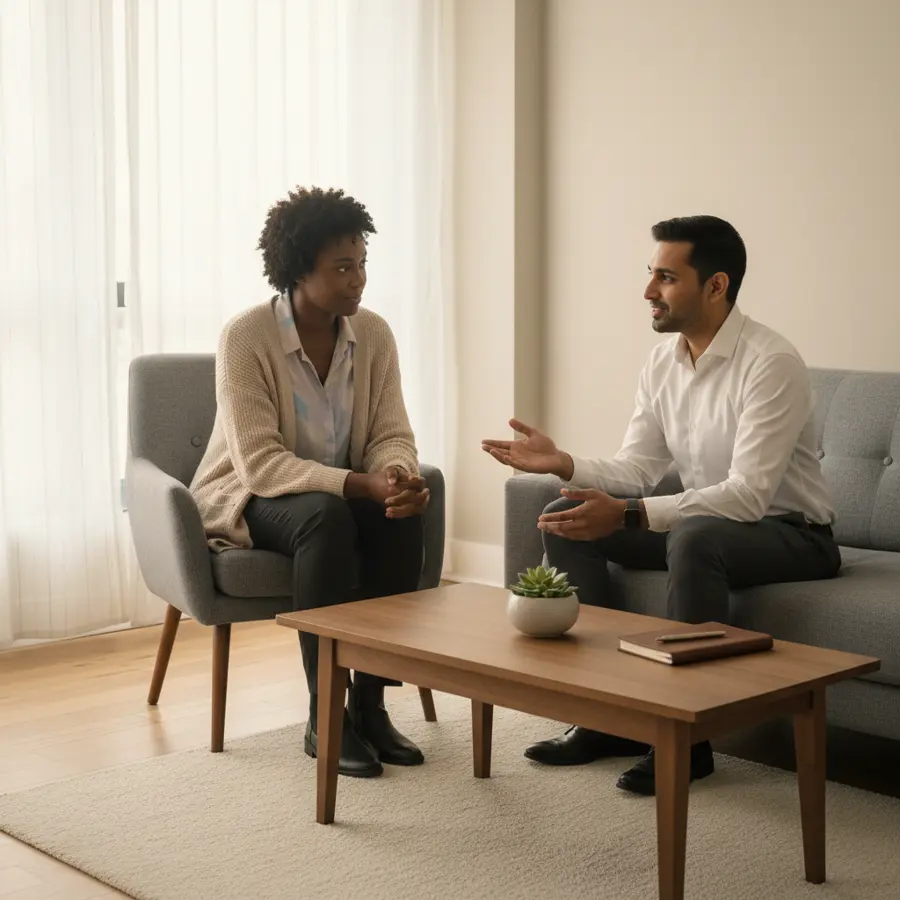 Two people in conversation in a calm, light-filled room